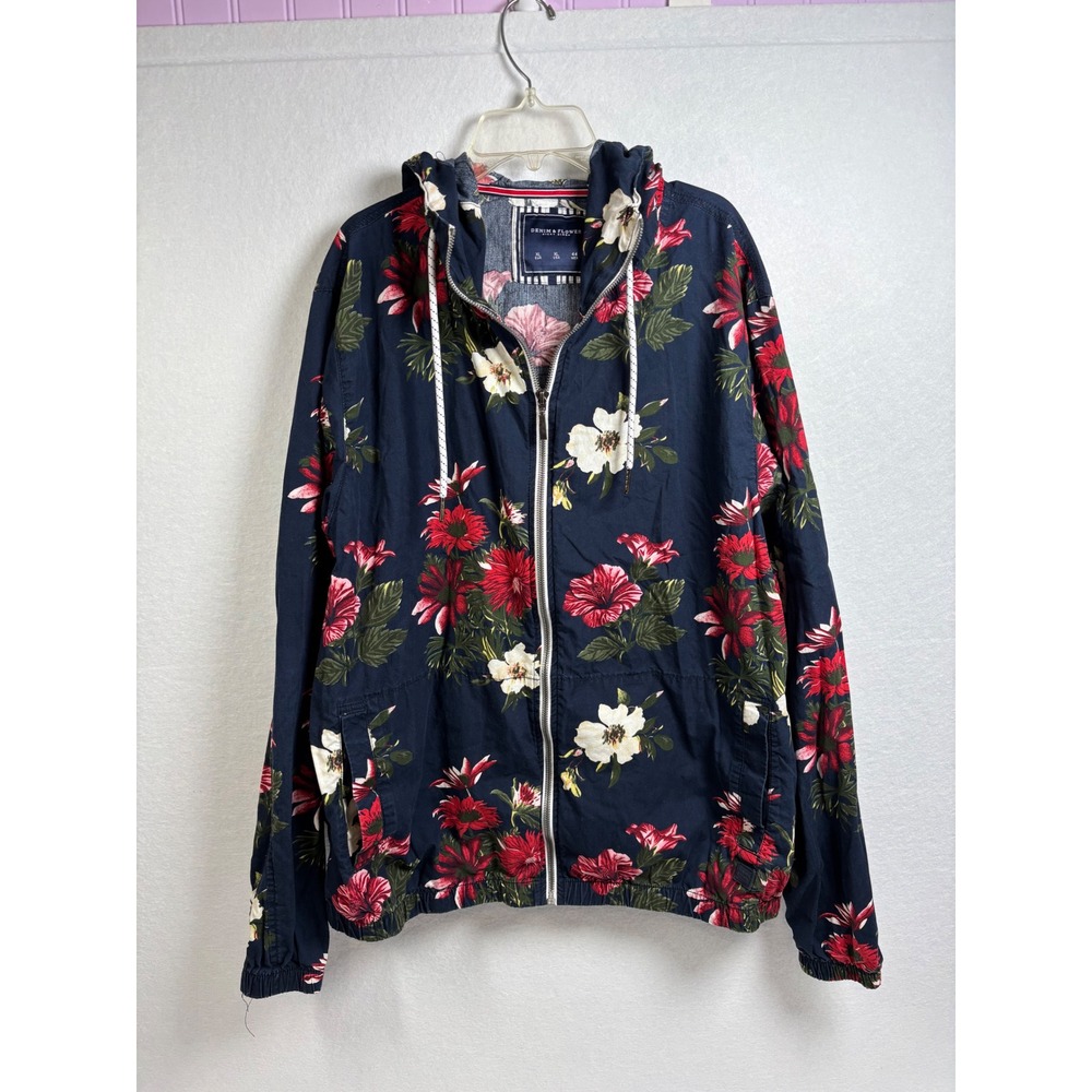 Denim & Flower Floral Jacket Womens XL Navy Cotton Hooded Windbreaker Boho Zip